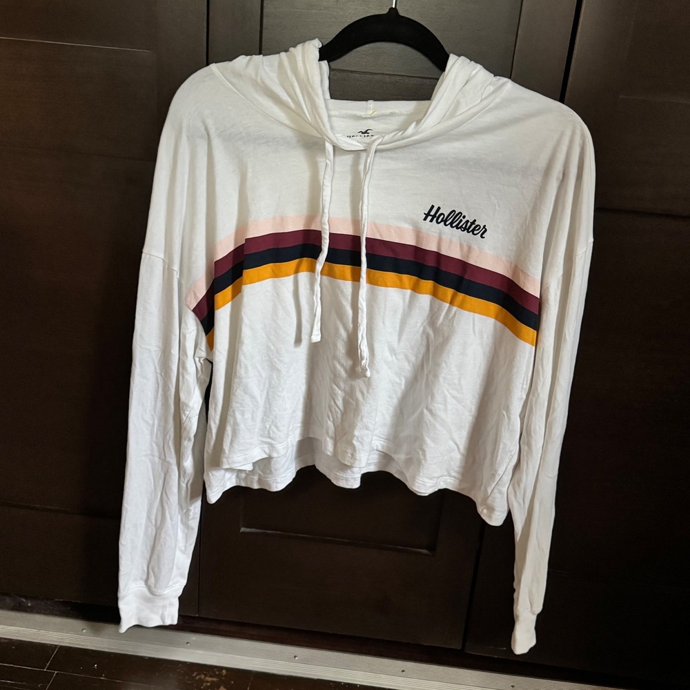 Hollister Womens White Striped Cropped Boyfriend Hoodie Long Sleeve Tee Size M
